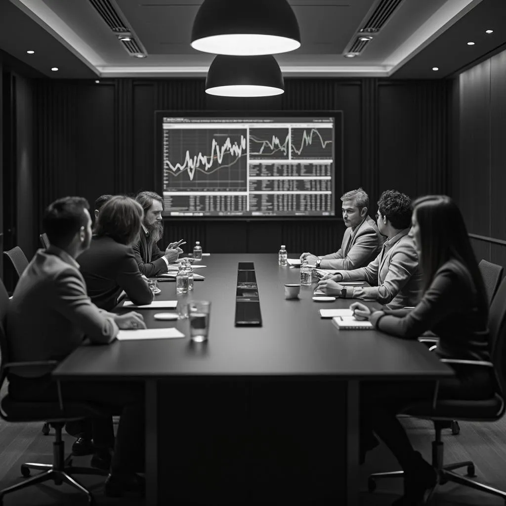 Equipo discutiendo estrategias financieras en oficina moderna